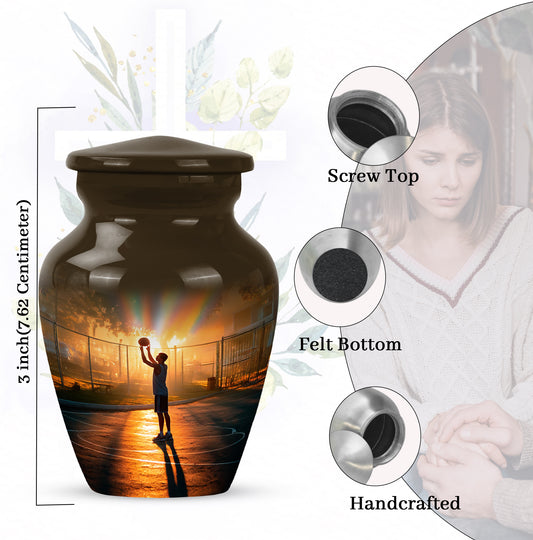 Champagne Gold Basketball Cremation Urn close-up of engraving and surface detail - timeless basketball motif etched into premium metal - mini keepsake memorial for portion of cremation ashes