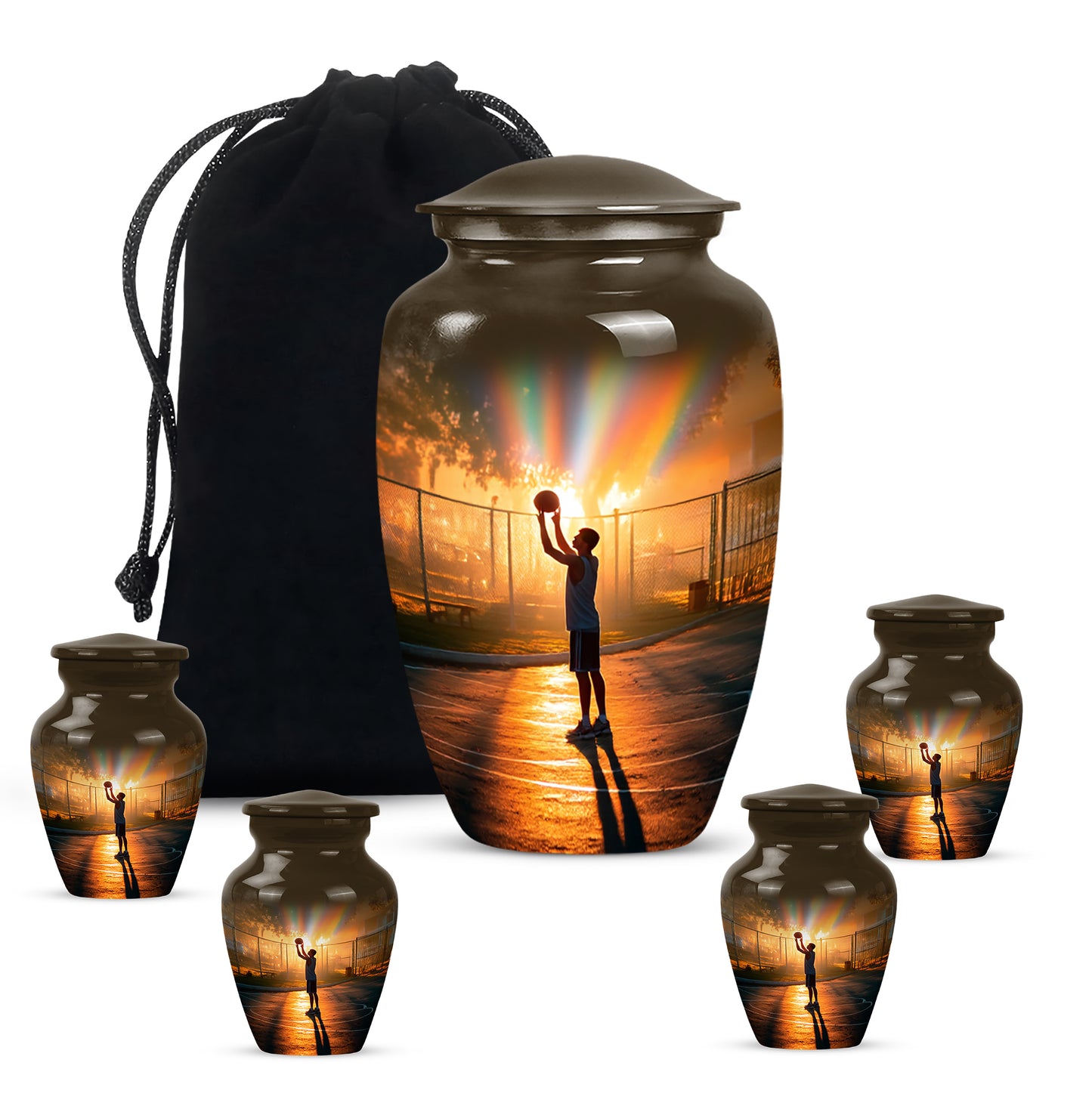 Gilded Gold Basketball Cremation Urn top-down view of secure threaded lid - classic sculpted basketball pattern on smooth aluminum - memorial set with one large and four small urns