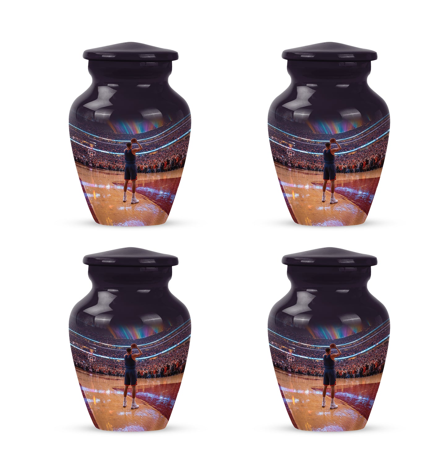 Dark Black Basketball Cremation Urn side profile showing urn shape - traditional basketball engraving with hand-polished finish - 10 inch aluminum urn for cremated remains