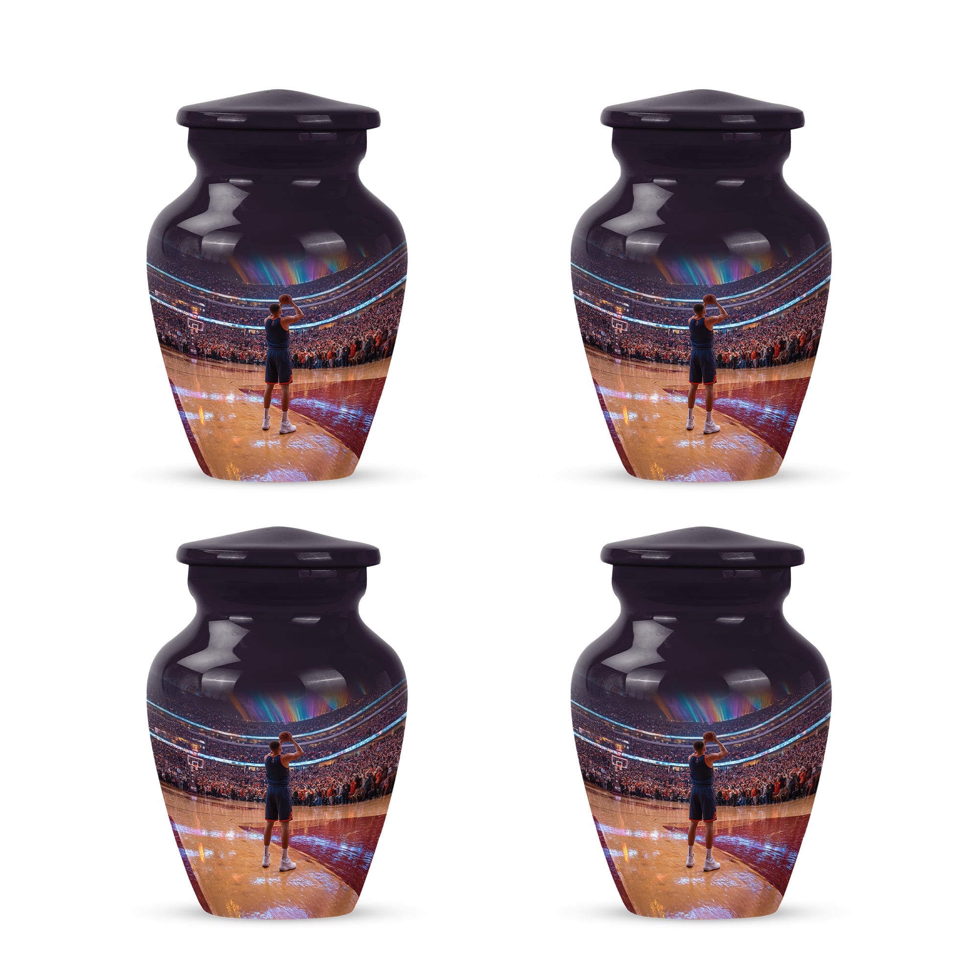 Dark Black Basketball Cremation Urn side profile showing urn shape - traditional basketball engraving with hand-polished finish - 10 inch aluminum urn for cremated remains