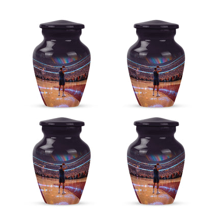 Dark Black Basketball Cremation Urn side profile showing urn shape - traditional basketball engraving with hand-polished finish - 10 inch aluminum urn for cremated remains