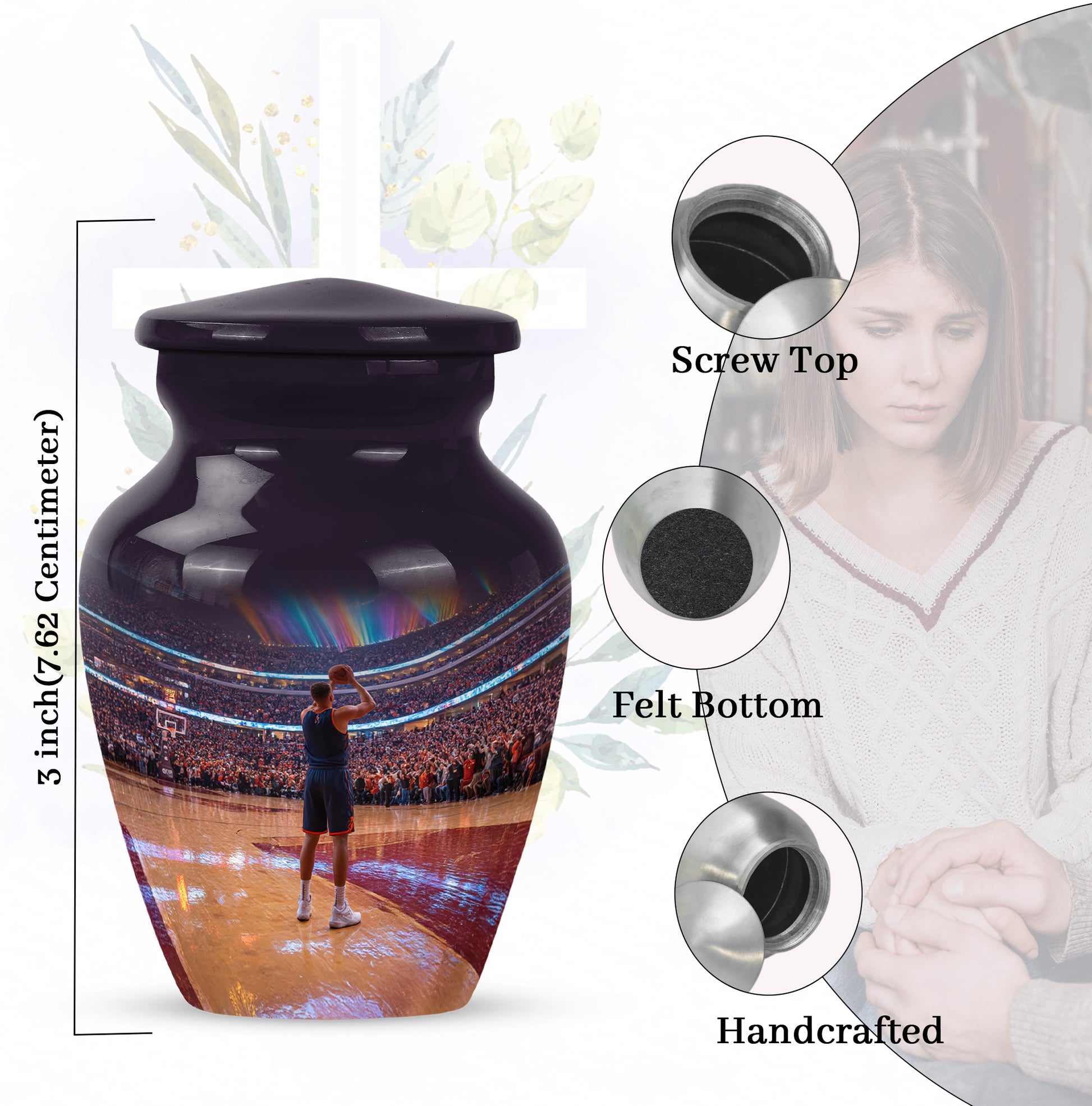 Jet Black Basketball Cremation Urn close-up of engraving and surface detail - timeless basketball motif etched into premium metal - mini keepsake memorial for portion of cremation ashes