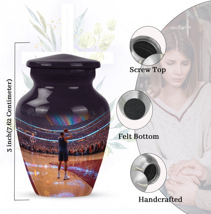 Jet Black Basketball Cremation Urn close-up of engraving and surface detail - timeless basketball motif etched into premium metal - mini keepsake memorial for portion of cremation ashes