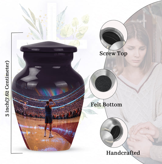 Jet Black Basketball Cremation Urn close-up of engraving and surface detail - timeless basketball motif etched into premium metal - mini keepsake memorial for portion of cremation ashes