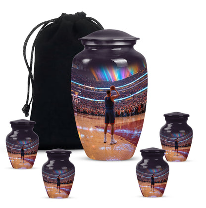 Obsidian Black Basketball Cremation Urn top-down view of secure threaded lid - traditional basketball engraving with hand-polished finish - memorial set with one large and four small urns