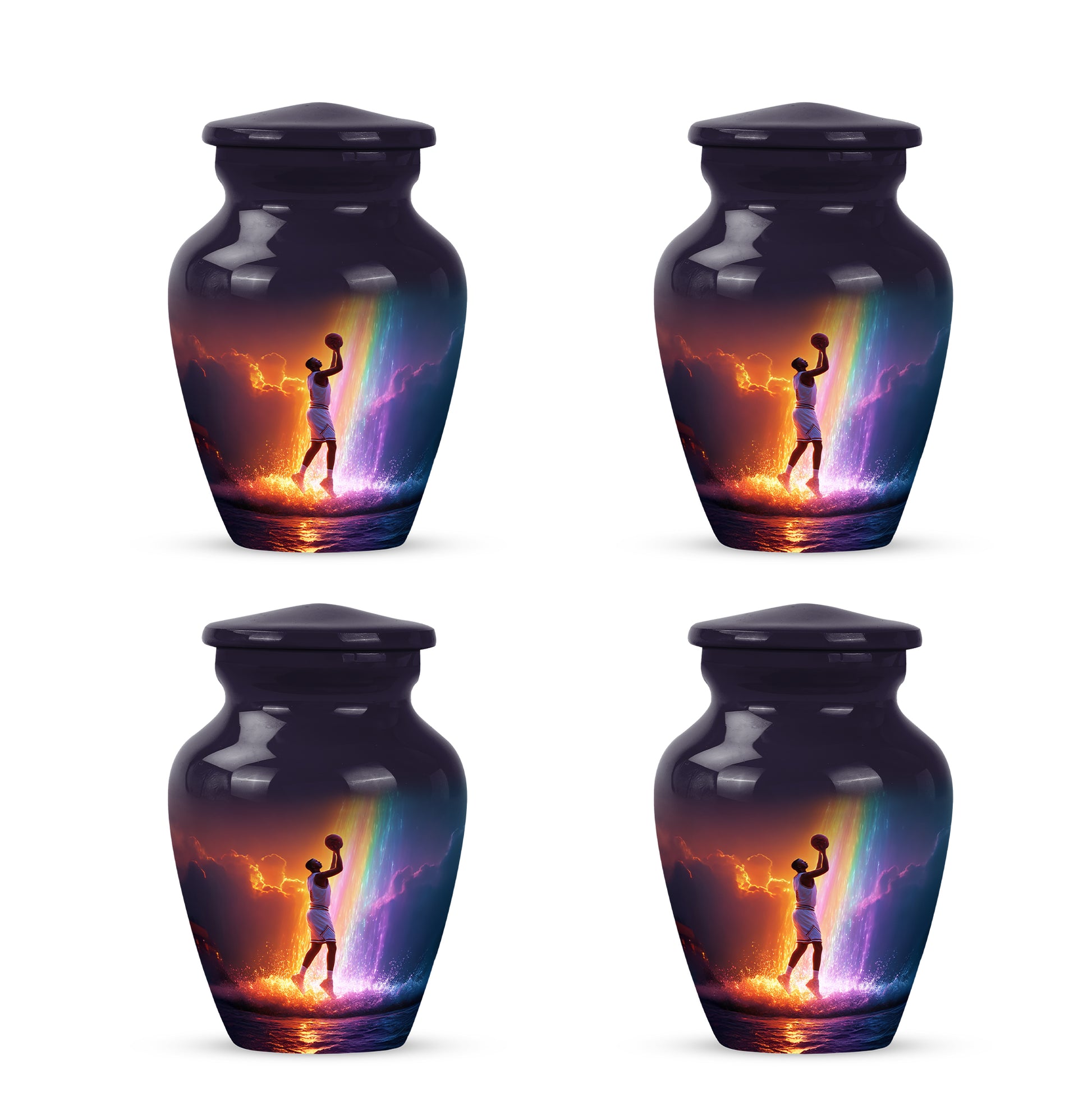 Amethyst Purple Basketball Cremation Urn side profile showing urn shape - timeless basketball motif etched into premium metal - 10 inch aluminum urn for cremated remains