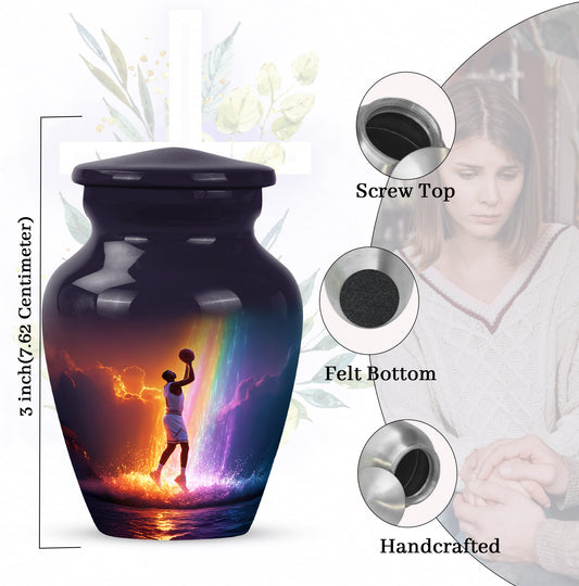 Deep Purple Basketball Cremation Urn close-up of engraving and surface detail - timeless basketball motif etched into premium metal - mini keepsake memorial for portion of cremation ashes
