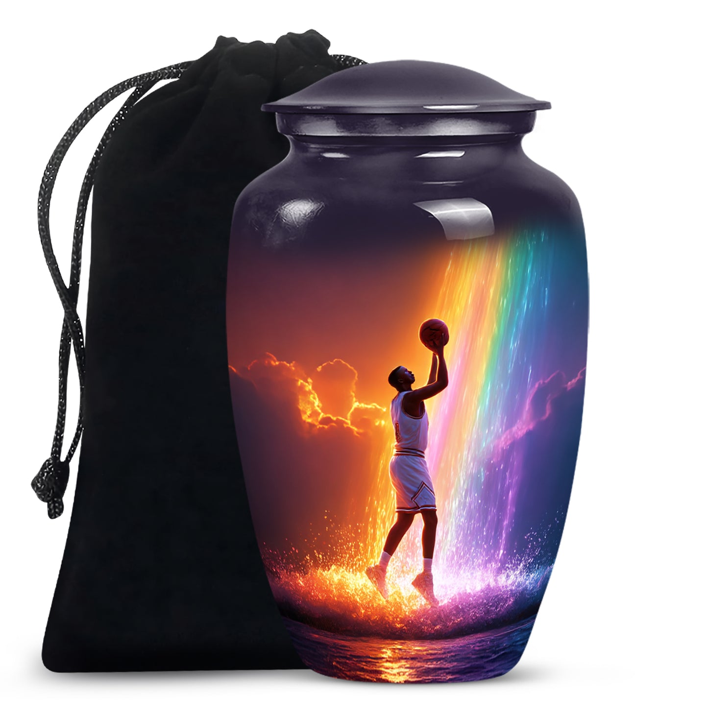 Deep Purple Basketball Cremation Urn angled view of lid and engraved motif - classic sculpted basketball pattern on smooth aluminum - full-size 10 inch 200 cubic inch adult cremation urn