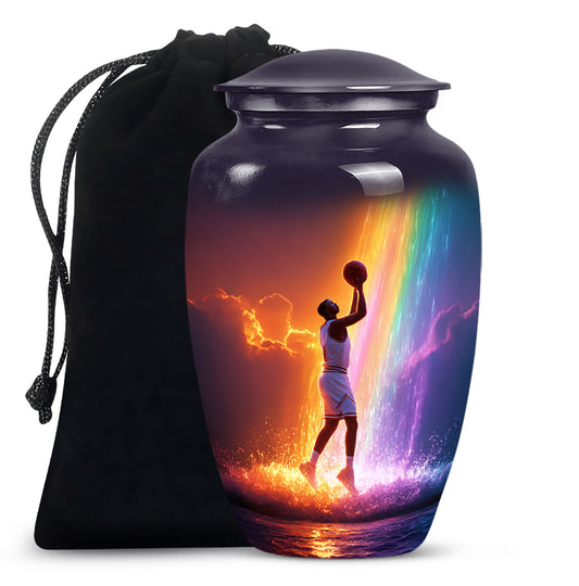 Deep Purple Basketball Cremation Urn angled view of lid and engraved motif - classic sculpted basketball pattern on smooth aluminum - full-size 10 inch 200 cubic inch adult cremation urn
