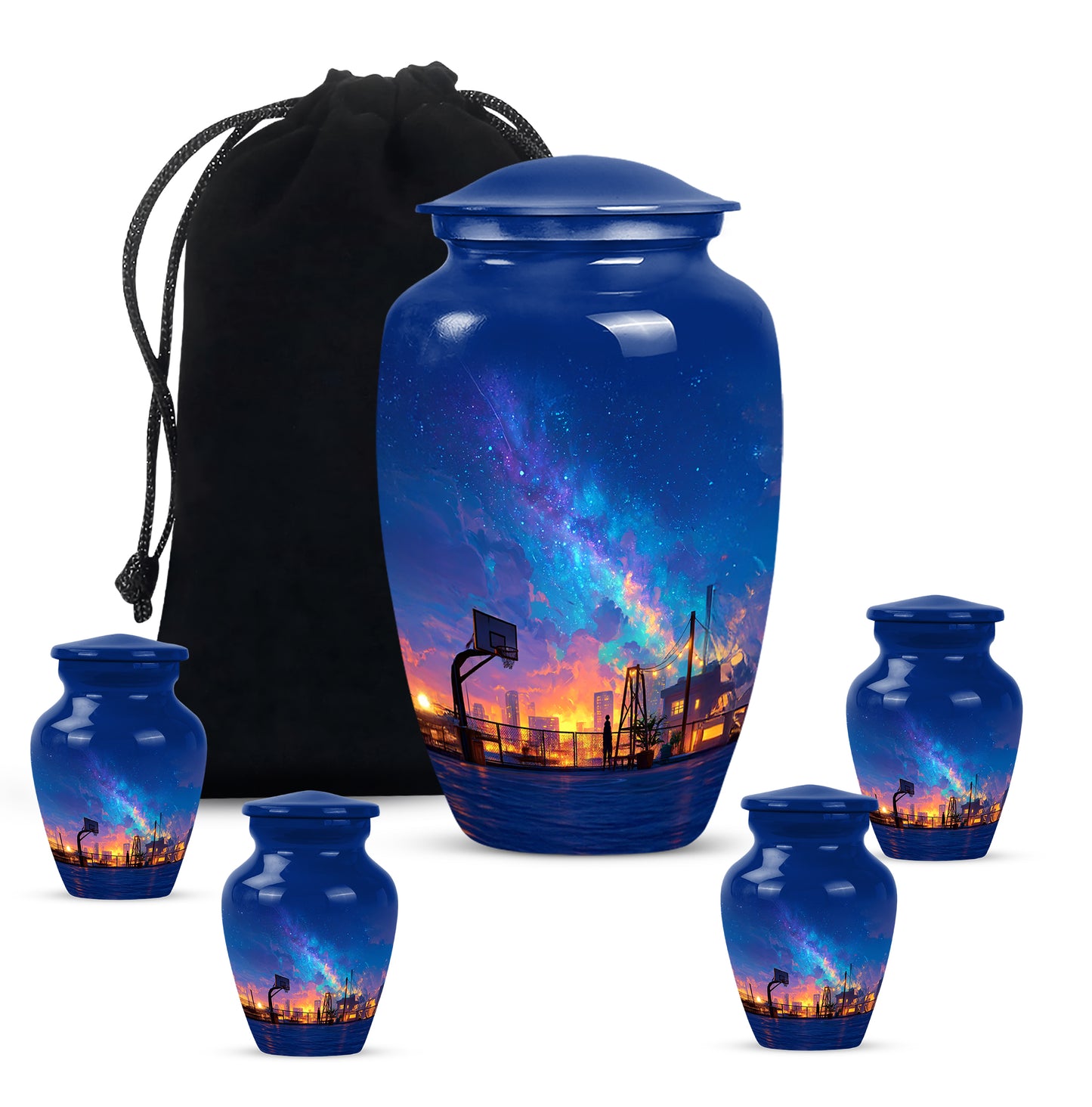 Azure Basketball Cremation Urn top-down view of secure threaded lid - timeless basketball motif etched into premium metal - memorial set with one large and four small urns