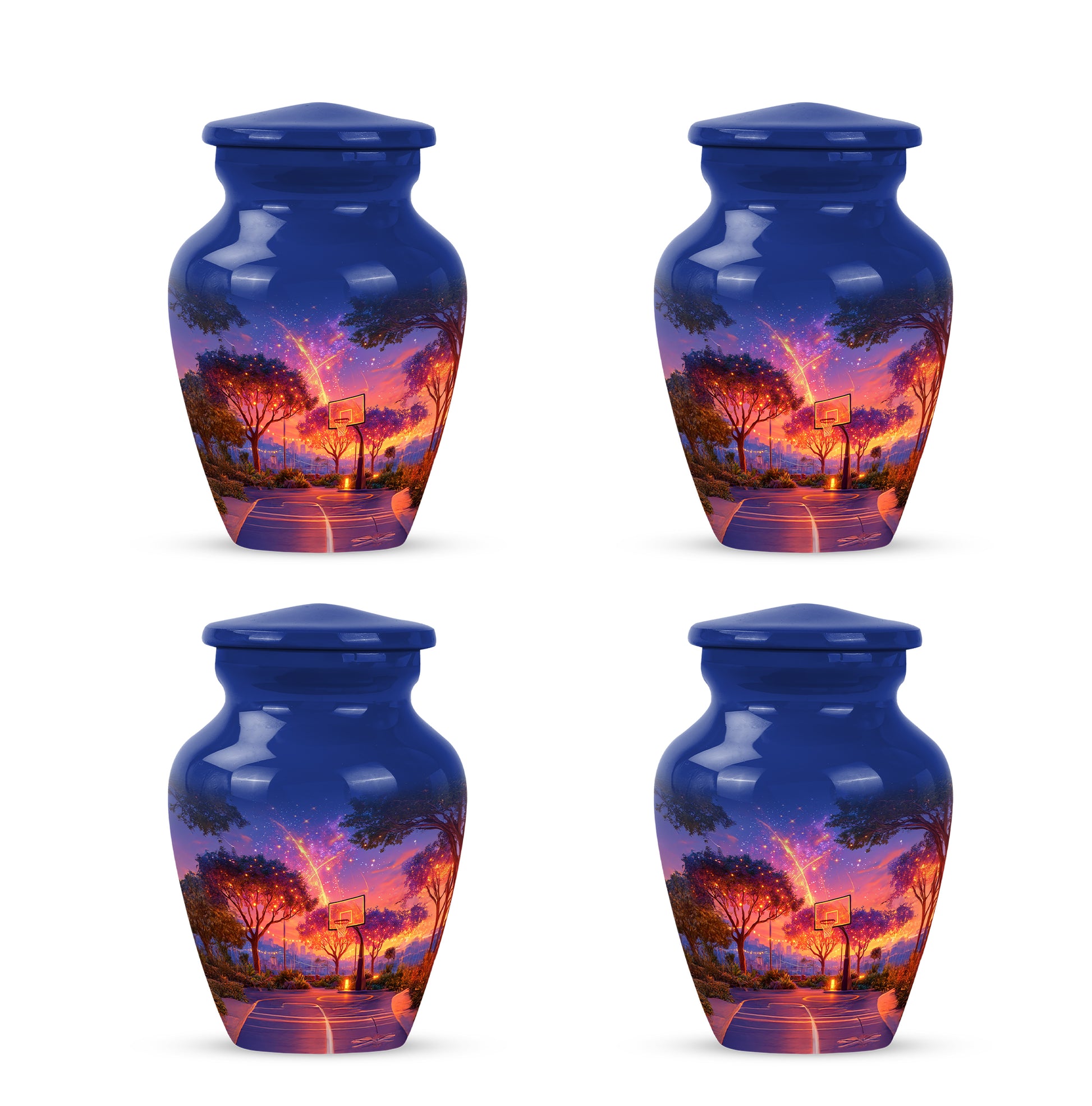 Dusty Blue Basketball Cremation Urn side profile showing urn shape - classic sculpted basketball pattern on smooth aluminum - 10 inch aluminum urn for cremated remains