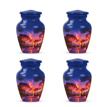 Dusty Blue Basketball Cremation Urn side profile showing urn shape - classic sculpted basketball pattern on smooth aluminum - 10 inch aluminum urn for cremated remains