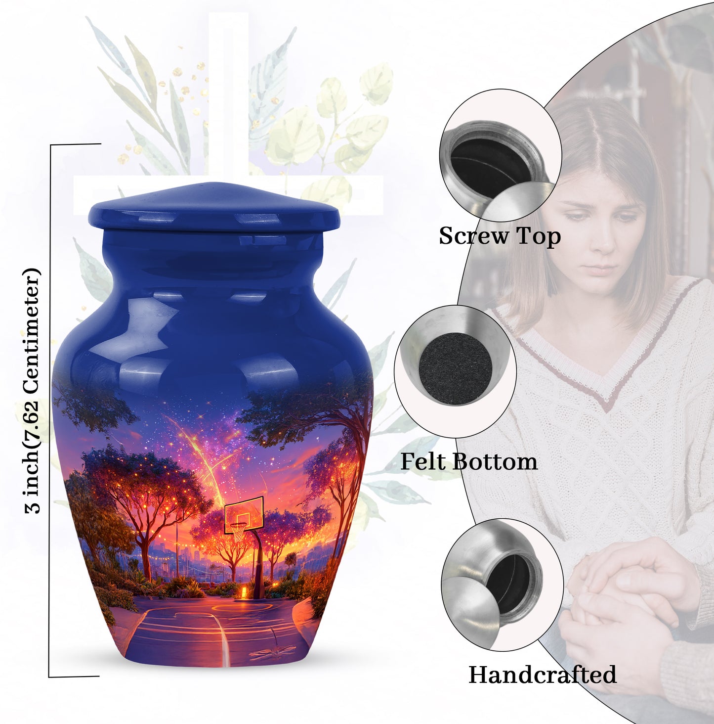 Celestial Blue Basketball Cremation Urn close-up of engraving and surface detail - classic sculpted basketball pattern on smooth aluminum - mini keepsake memorial for portion of cremation ashes
