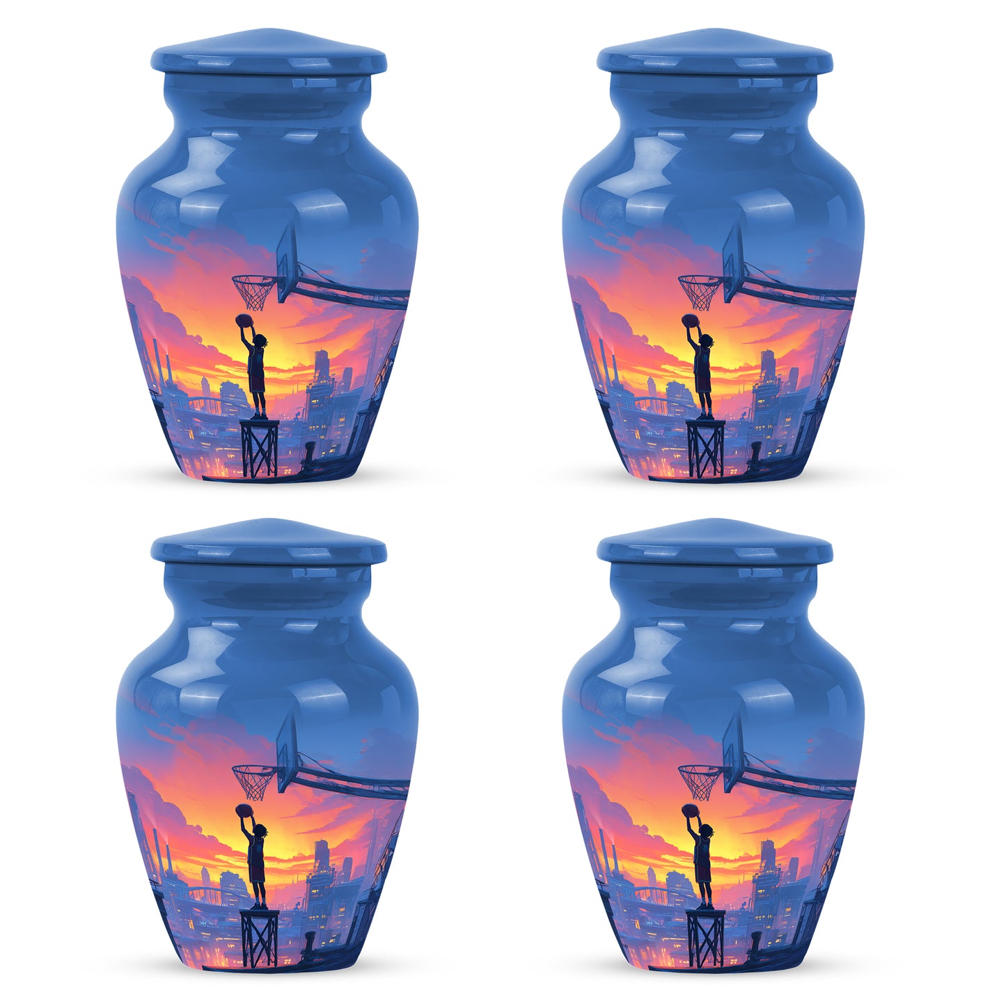 Slate Blue Basketball Cremation Urn side profile showing urn shape - timeless basketball motif etched into premium metal - 10 inch aluminum urn for cremated remains