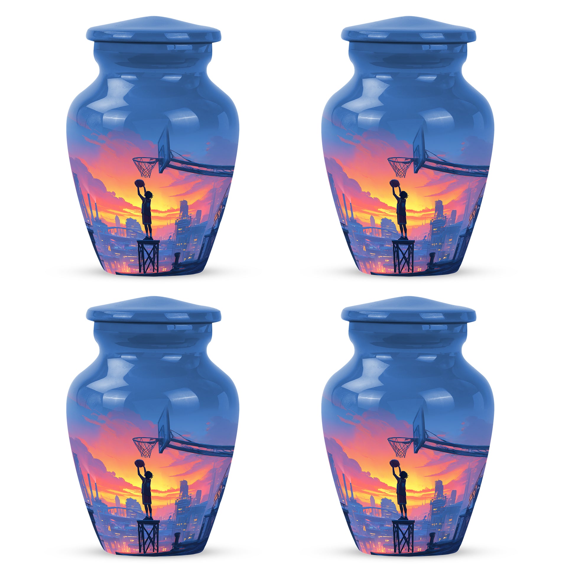 Slate Blue Basketball Cremation Urn side profile showing urn shape - timeless basketball motif etched into premium metal - 10 inch aluminum urn for cremated remains