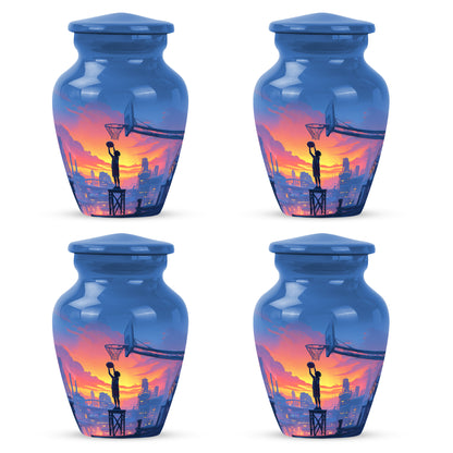 Slate Blue Basketball Cremation Urn side profile showing urn shape - timeless basketball motif etched into premium metal - 10 inch aluminum urn for cremated remains