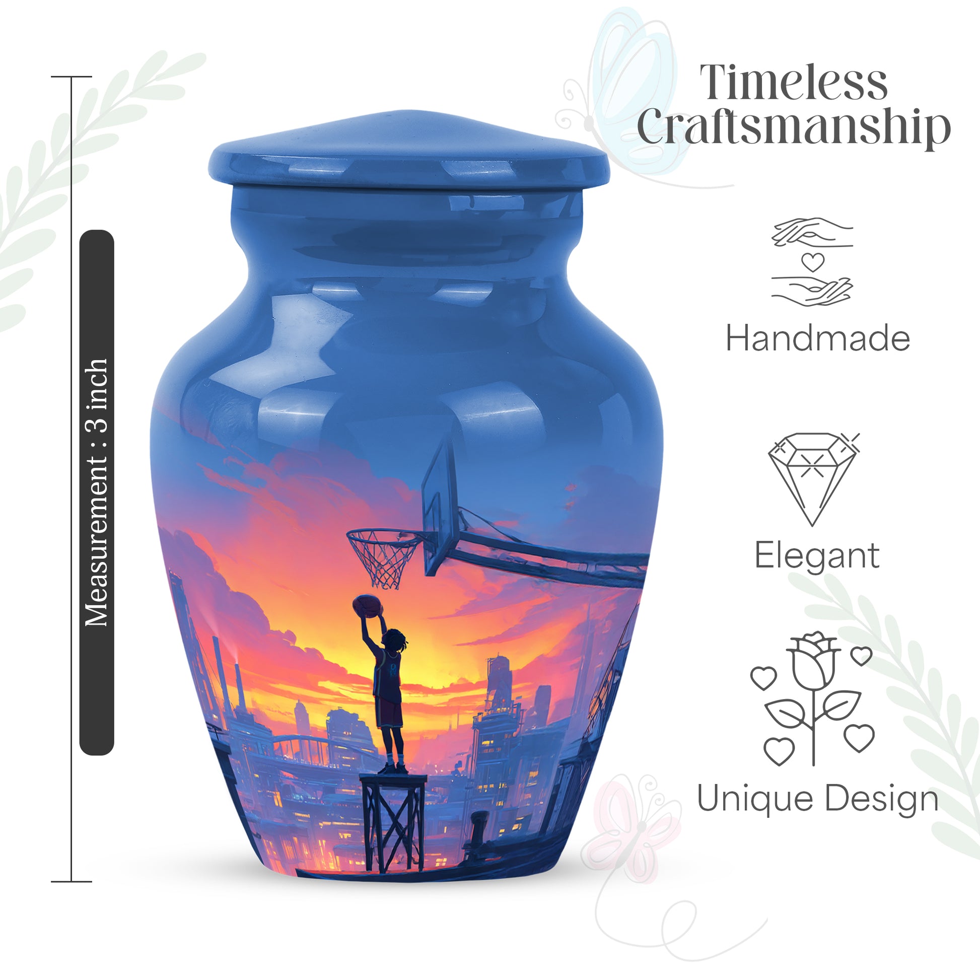 Sapphire Blue Basketball Cremation Urn close-up of engraving and surface detail - elegant classic basketball relief with fine detailing - mini keepsake memorial for portion of cremation ashes