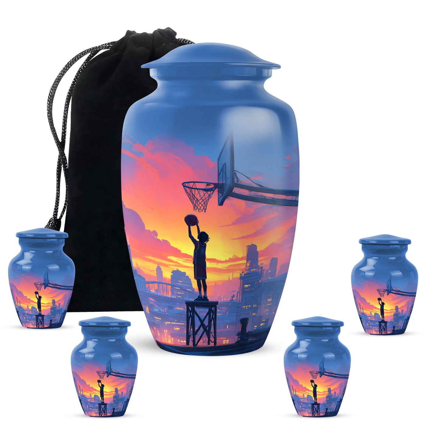Dusty Blue Basketball Cremation Urn top-down view of secure threaded lid - classic sculpted basketball pattern on smooth aluminum - memorial set with one large and four small urns
