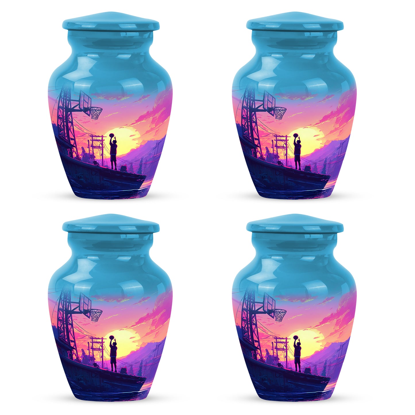 Twilight Blue Basketball Cremation Urn side profile showing urn shape - traditional basketball engraving with hand-polished finish - 10 inch aluminum urn for cremated remains