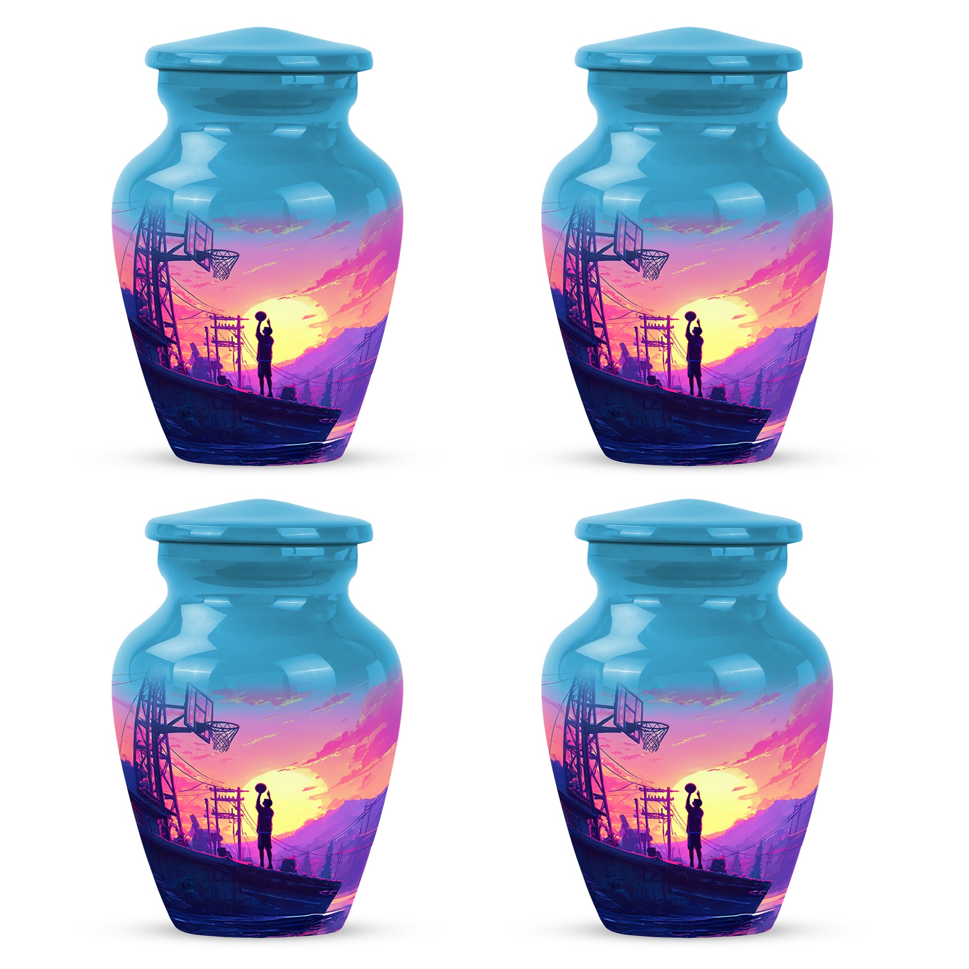 Twilight Blue Basketball Cremation Urn side profile showing urn shape - traditional basketball engraving with hand-polished finish - 10 inch aluminum urn for cremated remains
