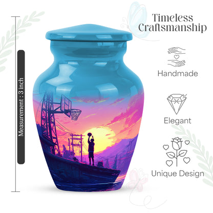 Icy Blue Basketball Cremation Urn close-up of engraving and surface detail - classic sculpted basketball pattern on smooth aluminum - mini keepsake memorial for portion of cremation ashes
