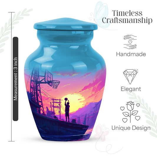 Icy Blue Basketball Cremation Urn close-up of engraving and surface detail - classic sculpted basketball pattern on smooth aluminum - mini keepsake memorial for portion of cremation ashes