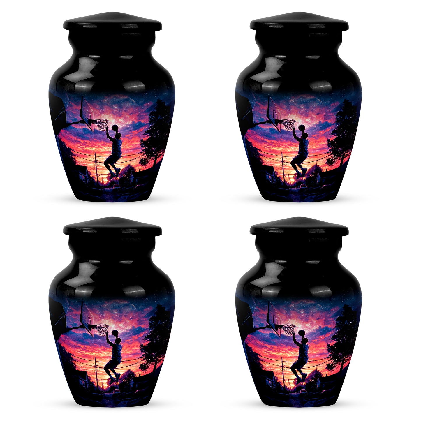 Midnight Black Basketball Cremation Urn side profile showing urn shape - elegant classic basketball relief with fine detailing - 10 inch aluminum urn for cremated remains