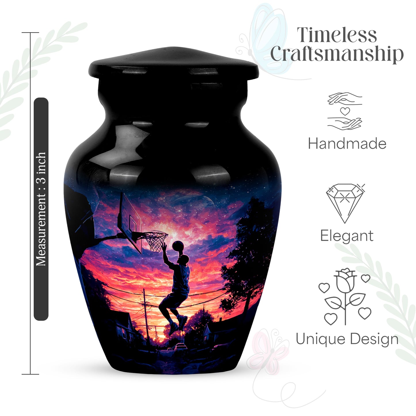 Midnight Black Basketball Cremation Urn close-up of engraving and surface detail - traditional basketball engraving with hand-polished finish - mini keepsake memorial for portion of cremation ashes