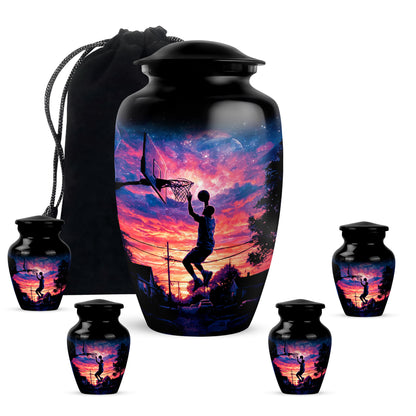 Jet Black Basketball Cremation Urn top-down view of secure threaded lid - classic sculpted basketball pattern on smooth aluminum - memorial set with one large and four small urns
