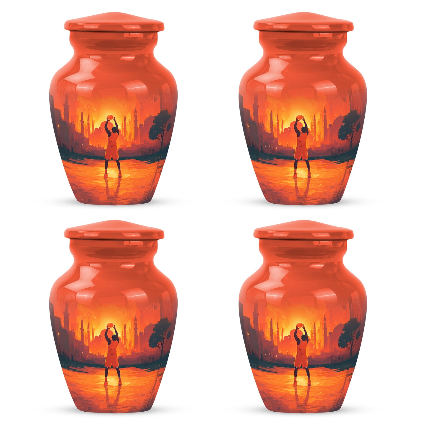Cherry Red Basketball Cremation Urn side profile showing urn shape - traditional basketball engraving with hand-polished finish - 10 inch aluminum urn for cremated remains