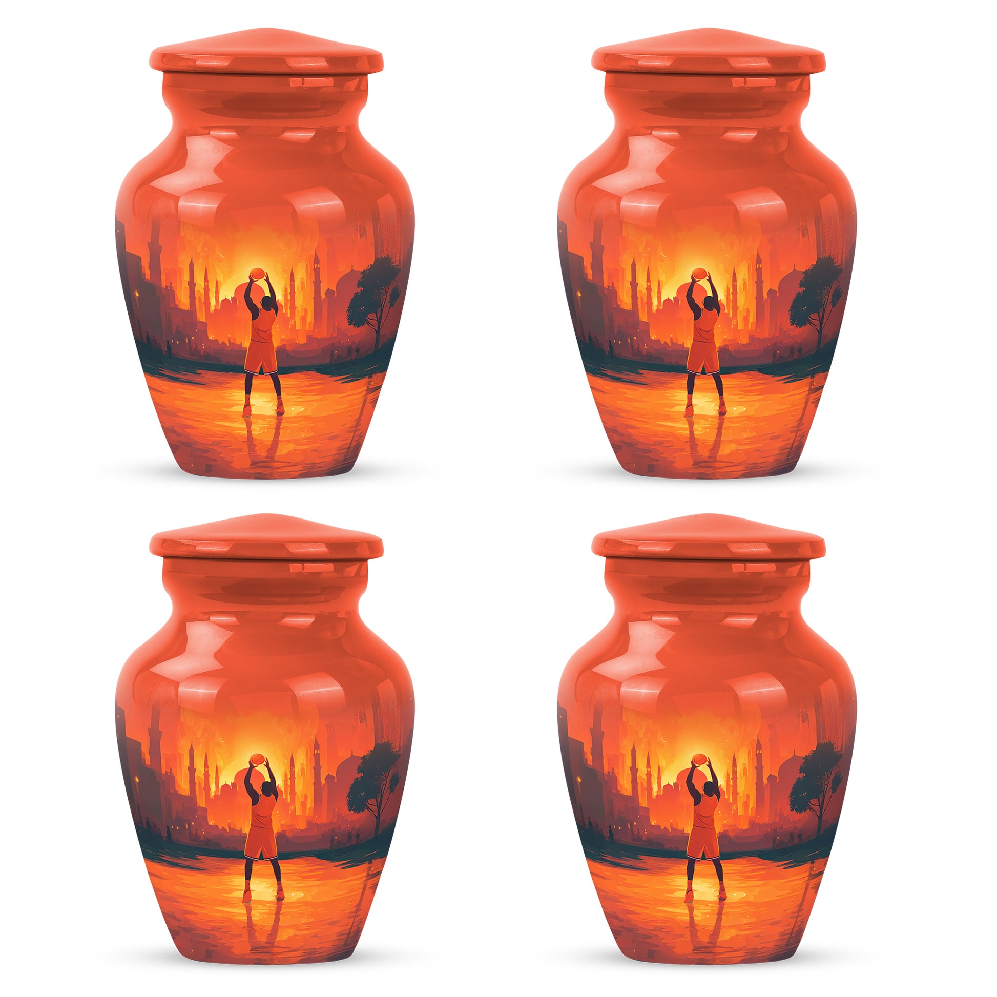 Cherry Red Basketball Cremation Urn side profile showing urn shape - traditional basketball engraving with hand-polished finish - 10 inch aluminum urn for cremated remains