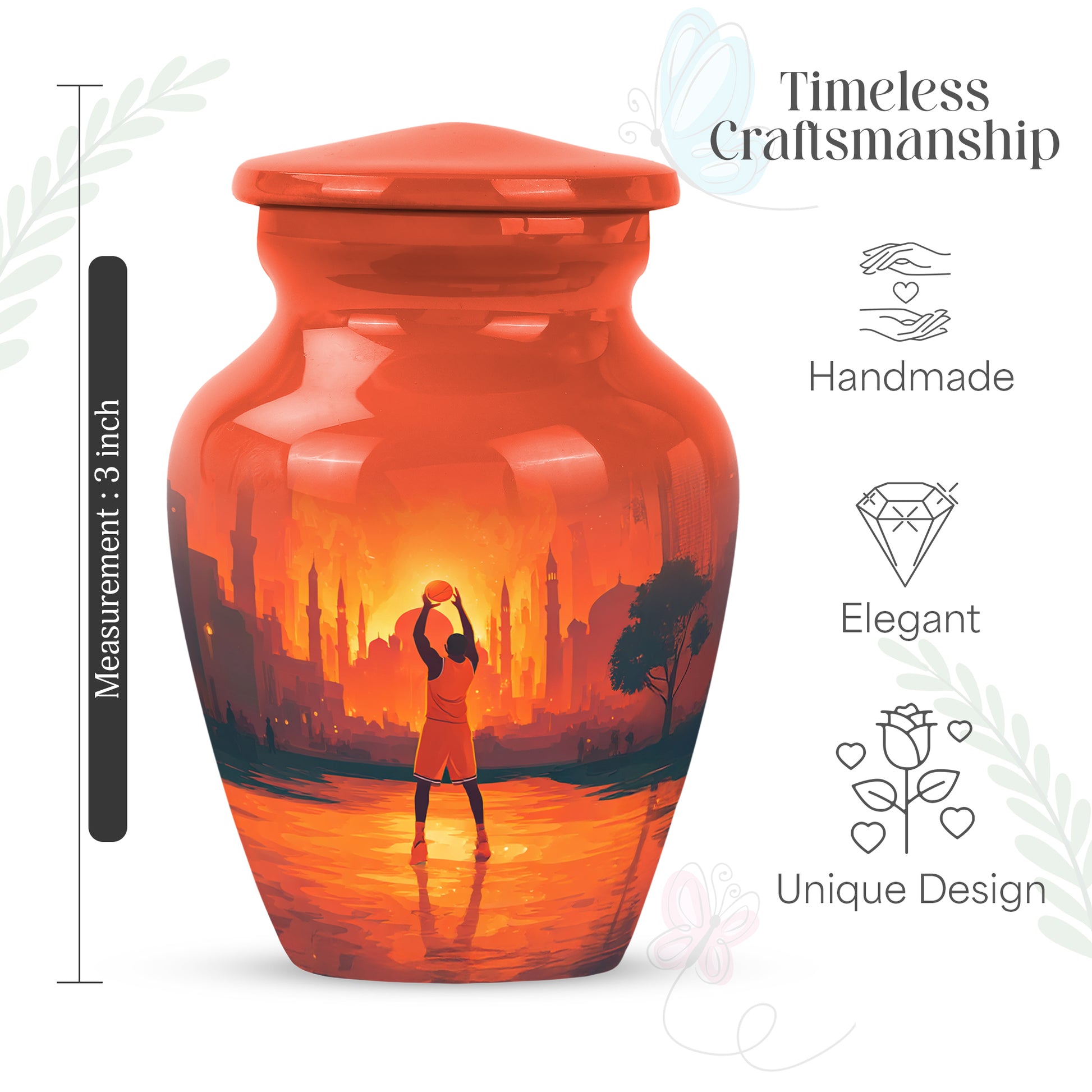 Deep Red Basketball Cremation Urn close-up of engraving and surface detail - classic sculpted basketball pattern on smooth aluminum - mini keepsake memorial for portion of cremation ashes