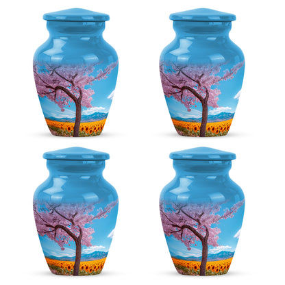 Dusty Blue Cherry Blossom Cremation Urn side profile showing urn shape - timeless cherry blossom motif etched into premium metal - 10 inch aluminum urn for cremated remains