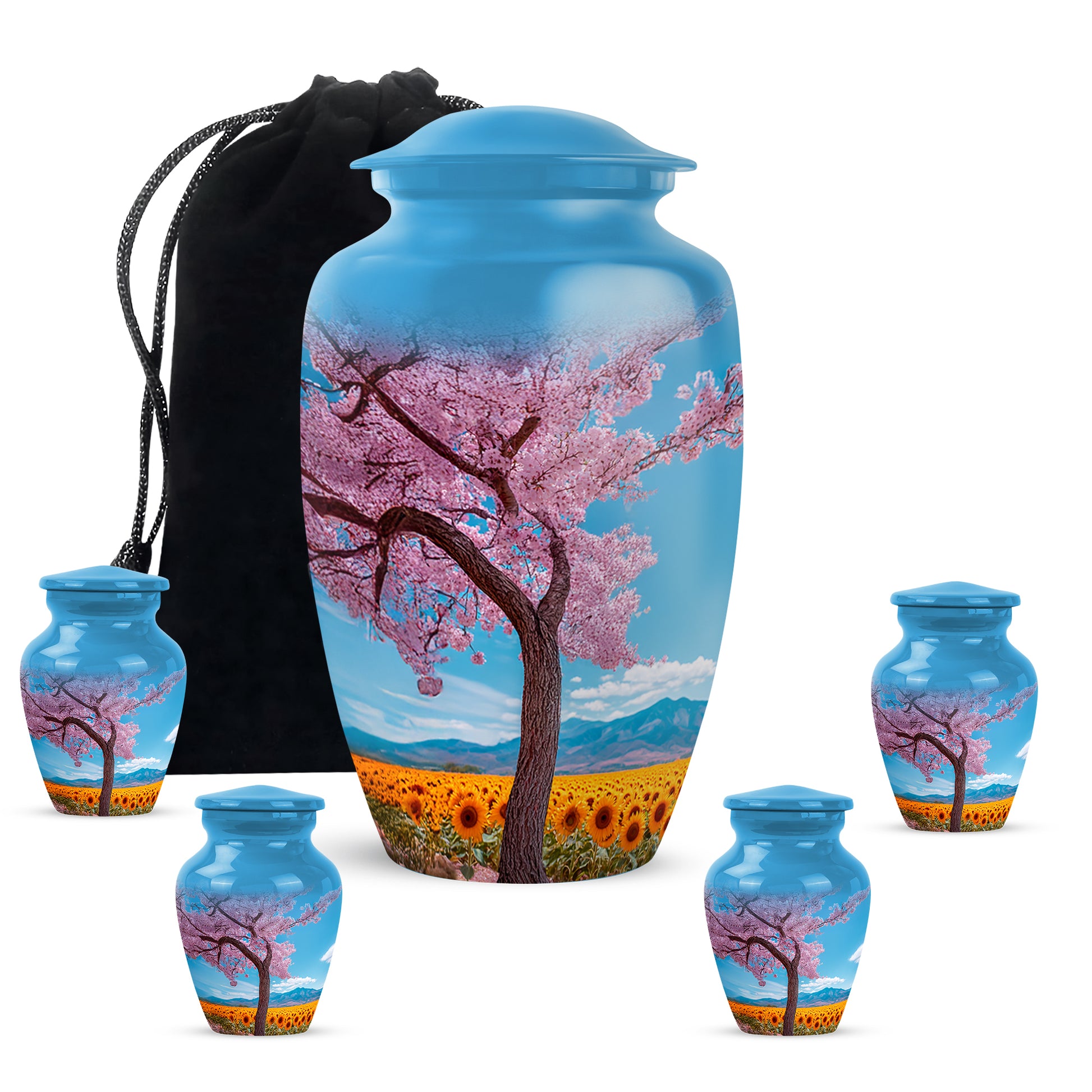 Royal Blue Cherry Blossom Cremation Urn top-down view of secure threaded lid - elegant classic cherry blossom relief with fine detailing - memorial set with one large and four small urns