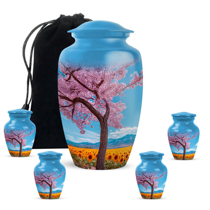Royal Blue Cherry Blossom Cremation Urn top-down view of secure threaded lid - elegant classic cherry blossom relief with fine detailing - memorial set with one large and four small urns