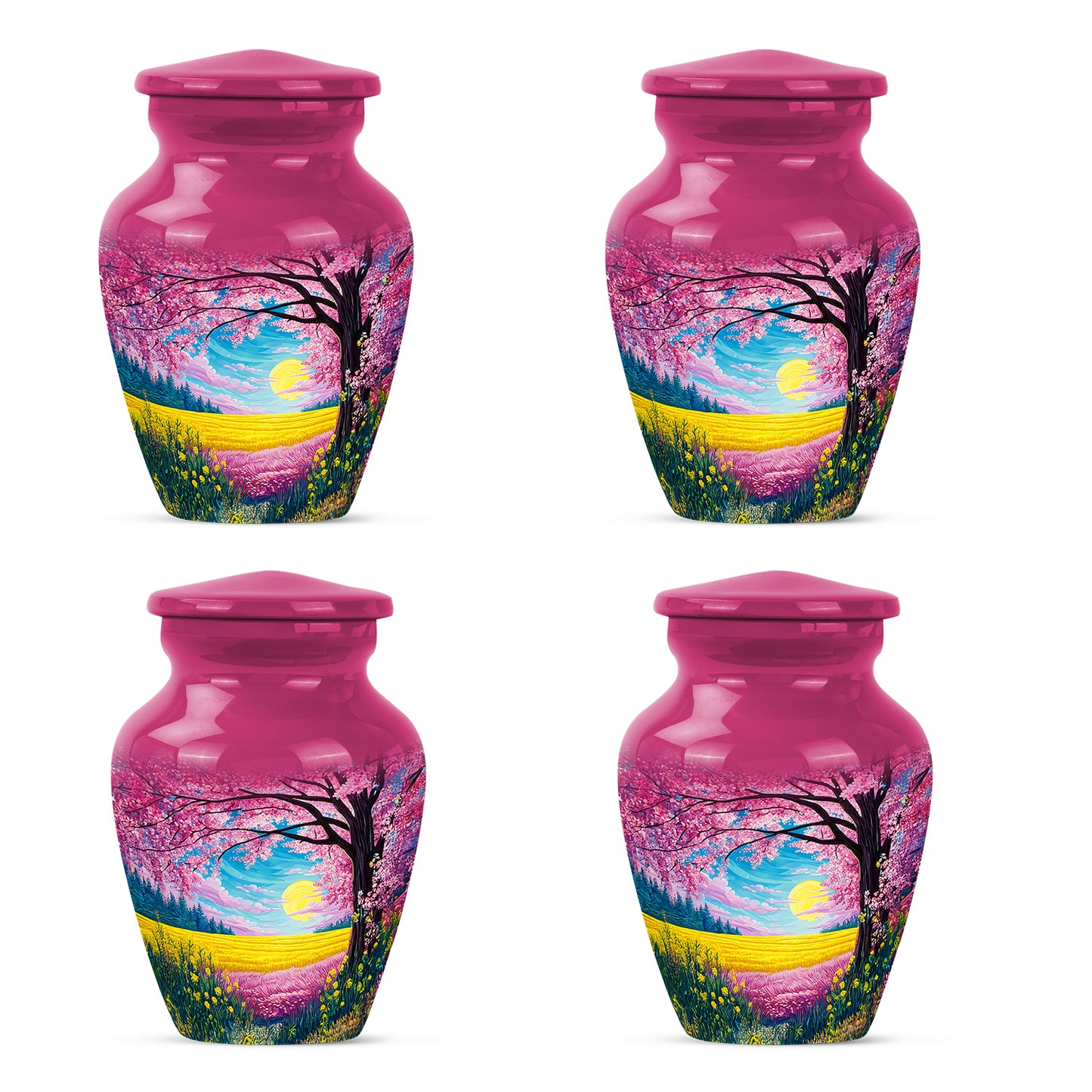 Vintage Pink Cherry Blossom Cremation Urn side profile showing urn shape - traditional cherry blossom engraving with hand-polished finish - 10 inch aluminum urn for cremated remains
