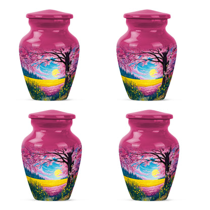Vintage Pink Cherry Blossom Cremation Urn side profile showing urn shape - traditional cherry blossom engraving with hand-polished finish - 10 inch aluminum urn for cremated remains
