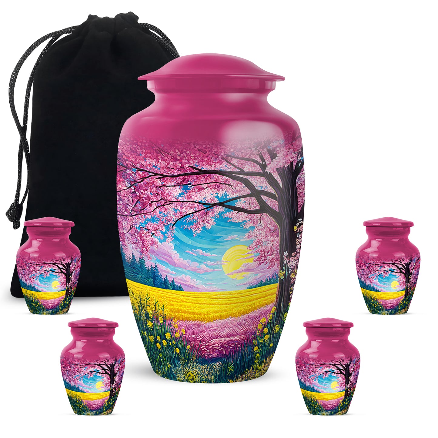Soft Pink Cherry Blossom Cremation Urn top-down view of secure threaded lid - elegant classic cherry blossom relief with fine detailing - memorial set with one large and four small urns