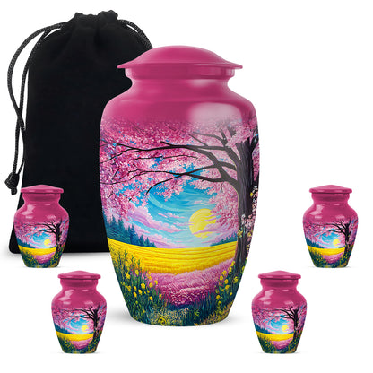 Soft Pink Cherry Blossom Cremation Urn top-down view of secure threaded lid - elegant classic cherry blossom relief with fine detailing - memorial set with one large and four small urns