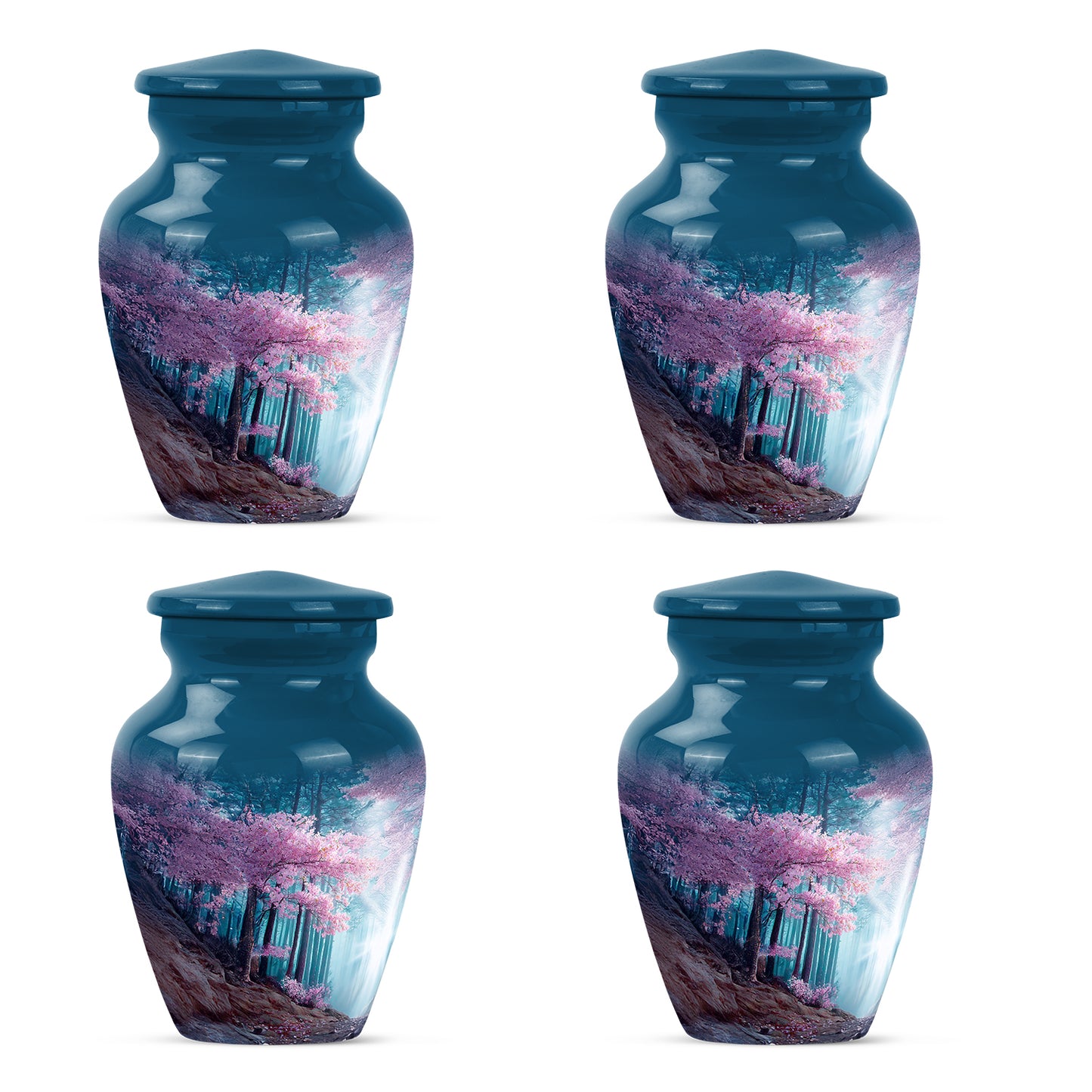 Bright Blue Cherry Blossom Cremation Urn side profile showing urn shape - elegant classic cherry blossom relief with fine detailing - 10 inch aluminum urn for cremated remains