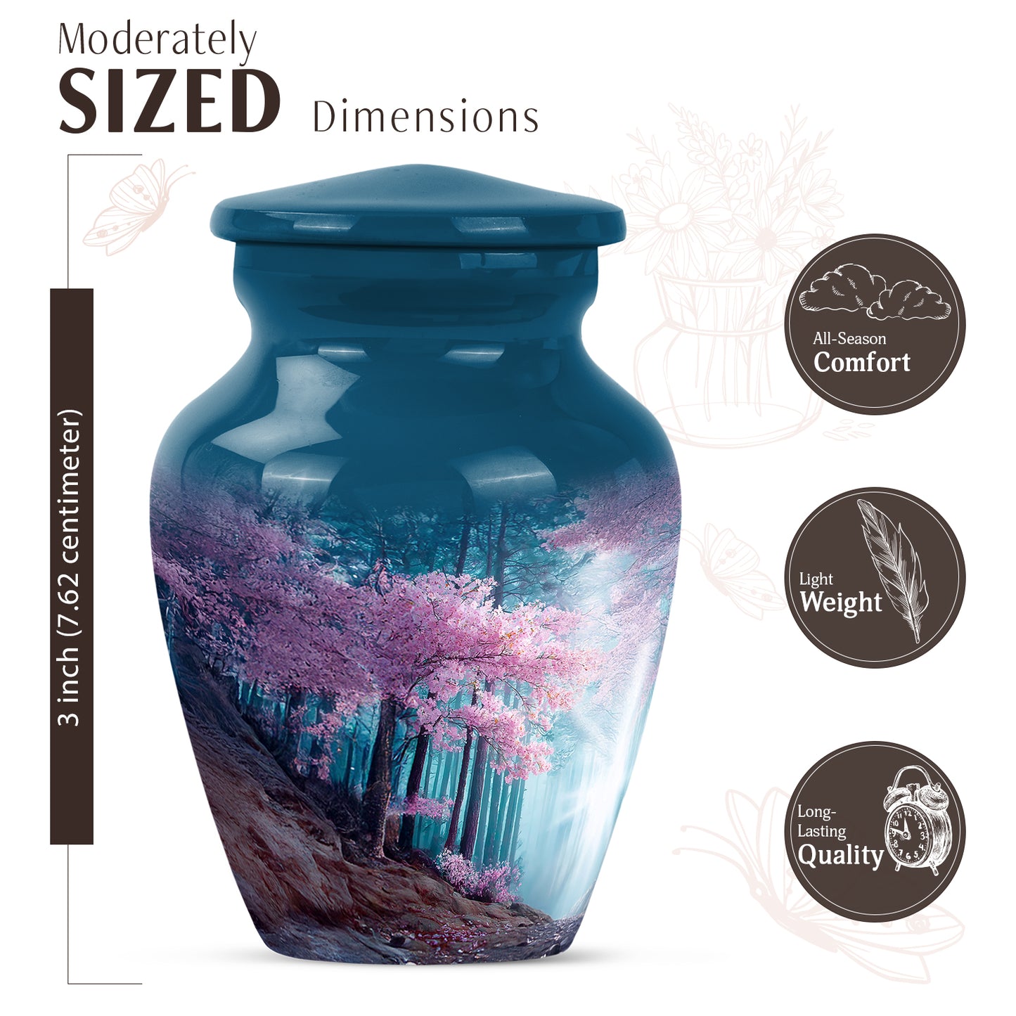 Bright Blue Cherry Blossom Cremation Urn close-up of engraving and surface detail - traditional cherry blossom engraving with hand-polished finish - mini keepsake memorial for portion of cremation ashes