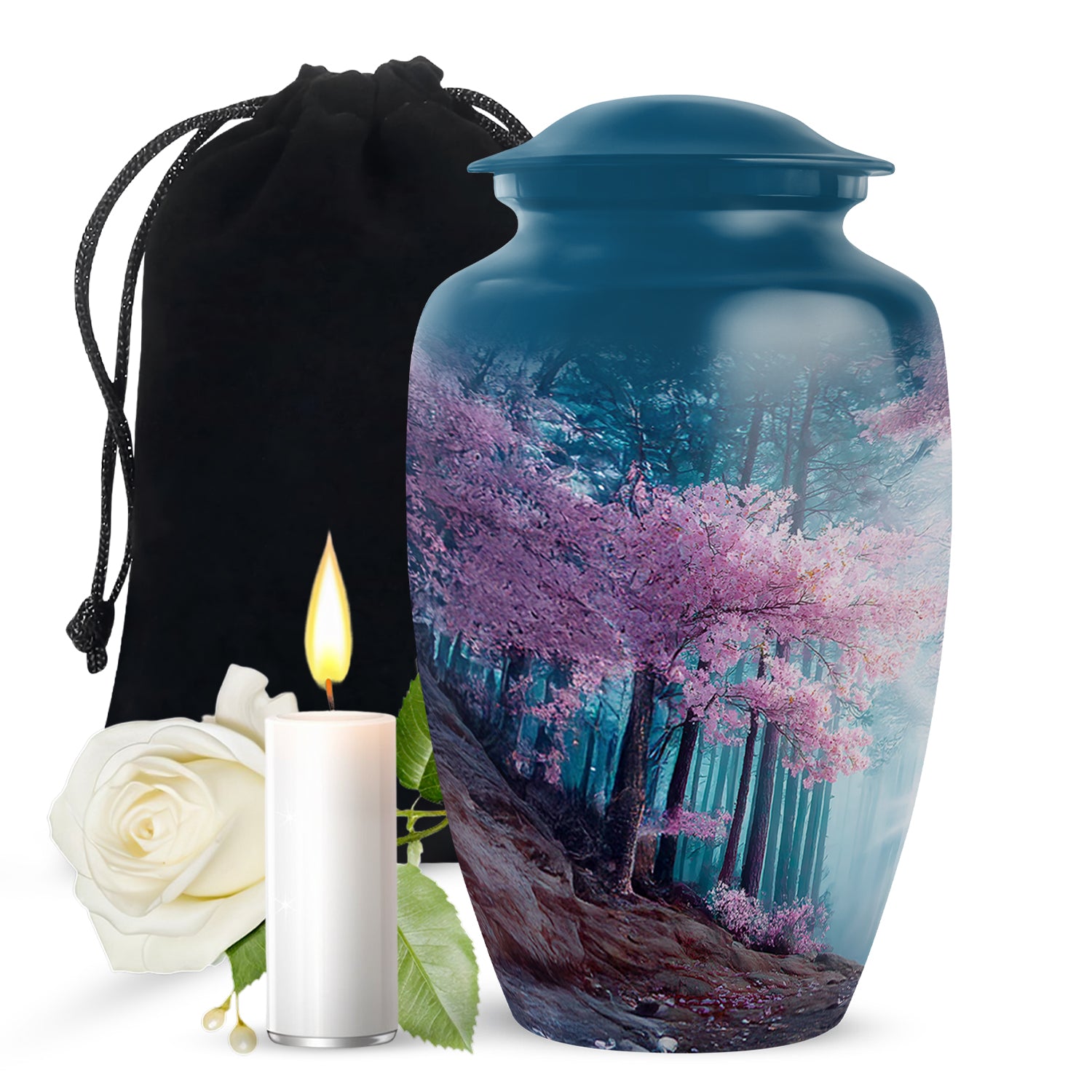 Cornflower Blue Cherry Blossom Cremation Urn angled view of lid and engraved motif - elegant classic cherry blossom relief with fine detailing - full-size 10 inch 200 cubic inch adult cremation urn