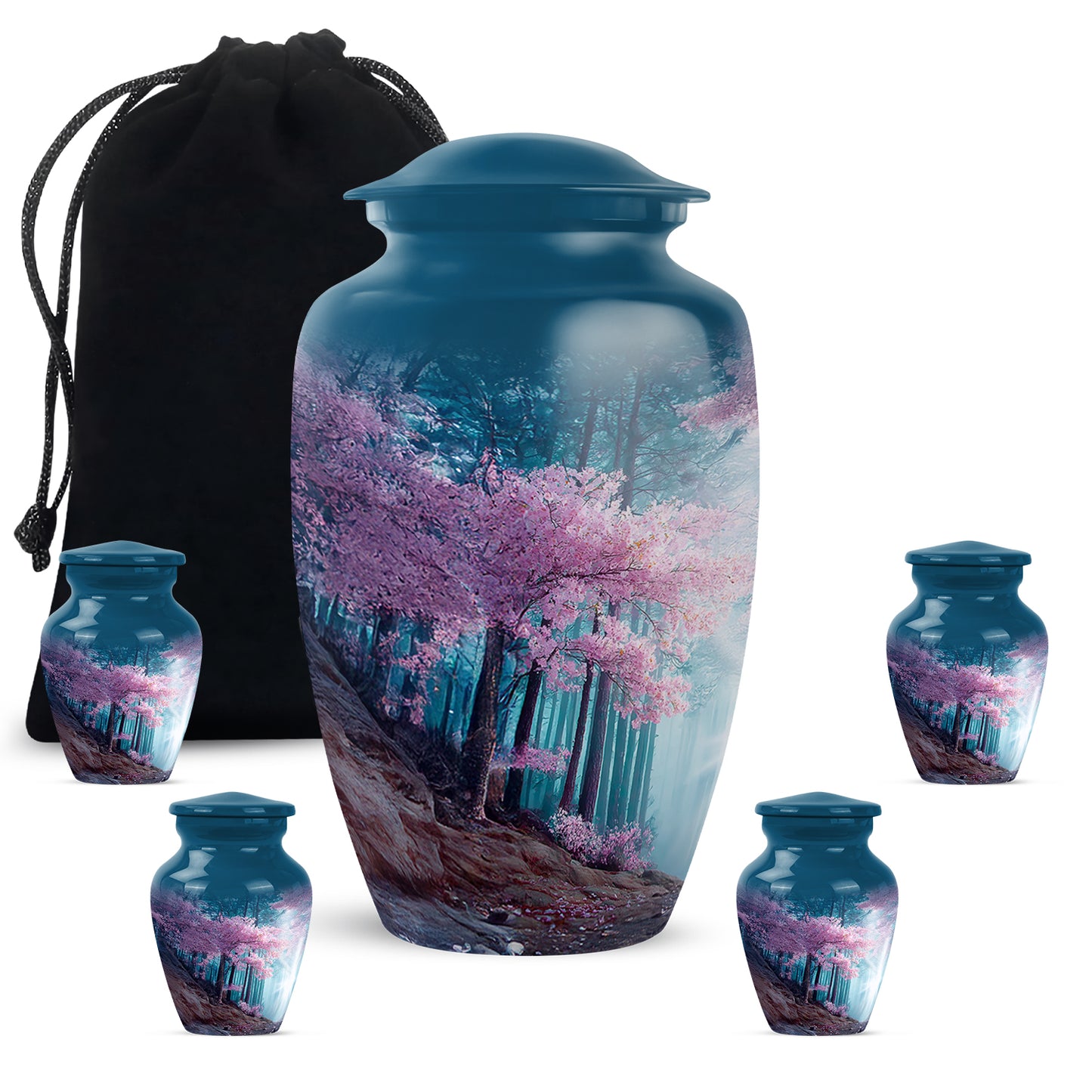 Navy Blue Cherry Blossom Cremation Urn top-down view of secure threaded lid - timeless cherry blossom motif etched into premium metal - memorial set with one large and four small urns
