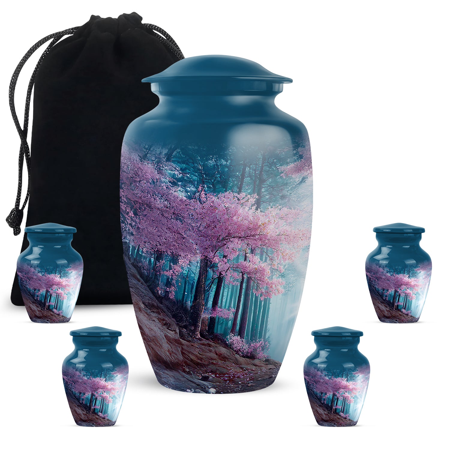 Navy Blue Cherry Blossom Cremation Urn top-down view of secure threaded lid - timeless cherry blossom motif etched into premium metal - memorial set with one large and four small urns