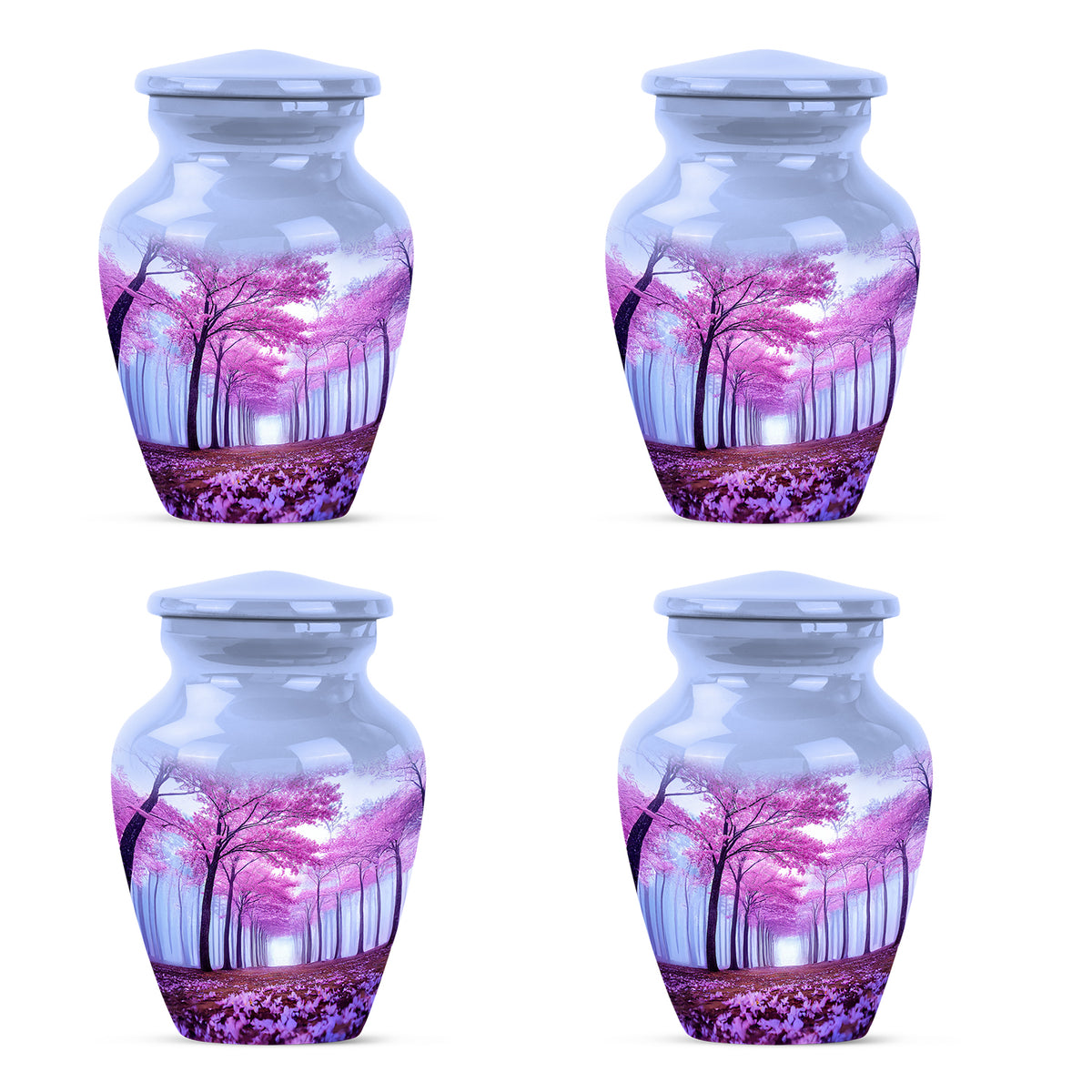 Azure Cherry Blossom Cremation Urn side profile showing urn shape - timeless cherry blossom motif etched into premium metal - 10 inch aluminum urn for cremated remains