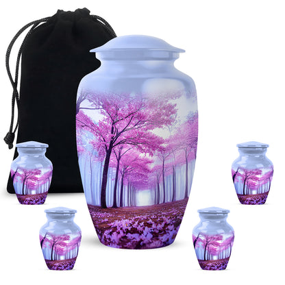 Vivid Blue Cherry Blossom Cremation Urn top-down view of secure threaded lid - traditional cherry blossom engraving with hand-polished finish - memorial set with one large and four small urns