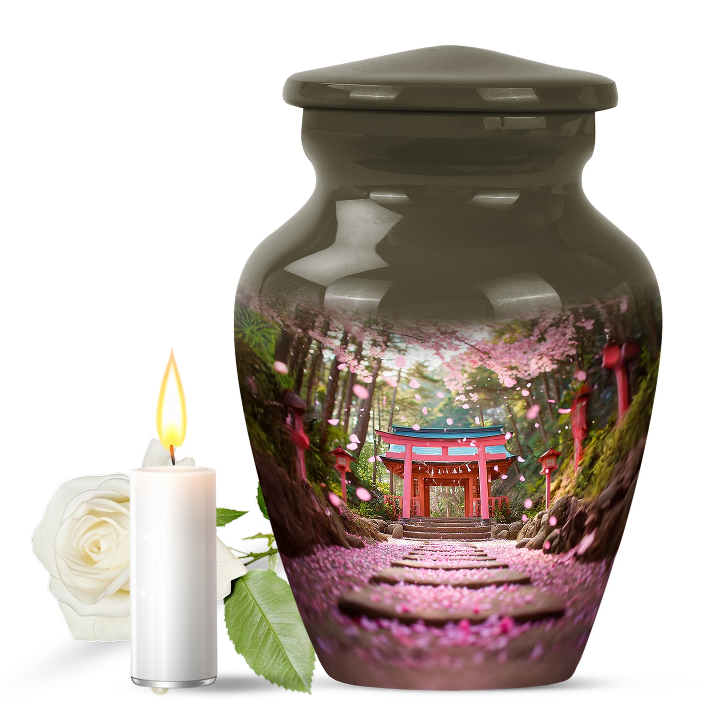 Gold Serene Cherry Blossom Memorial Urn for Ashes - 10-inch, 200 cu in - Yatskia