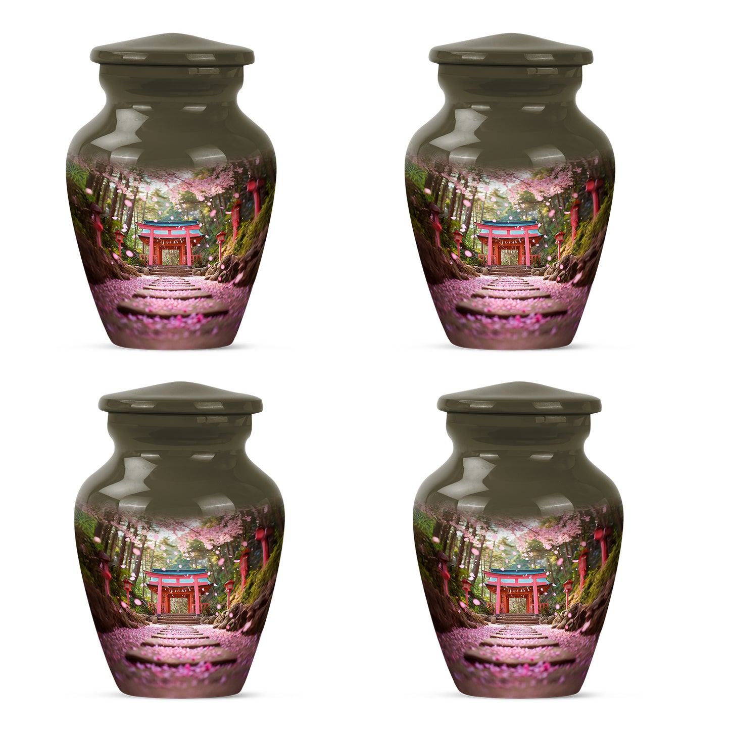 Royal Gold Cherry Blossom Cremation Urn side profile showing urn shape - traditional cherry blossom engraving with hand-polished finish - 10 inch aluminum urn for cremated remains