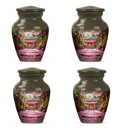 Royal Gold Cherry Blossom Cremation Urn side profile showing urn shape - traditional cherry blossom engraving with hand-polished finish - 10 inch aluminum urn for cremated remains