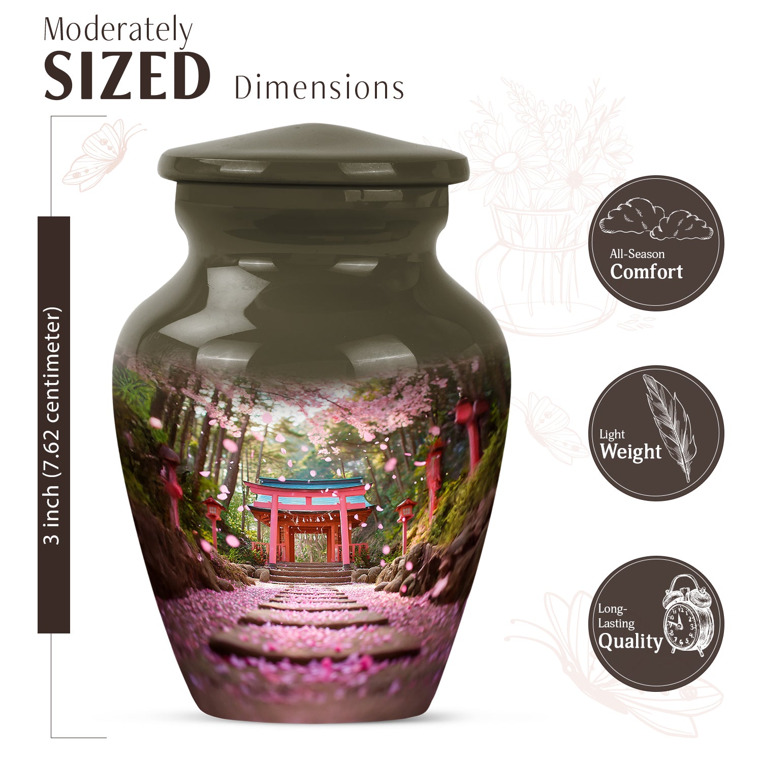 Harvest Gold Cherry Blossom Cremation Urn close-up of engraving and surface detail - traditional cherry blossom engraving with hand-polished finish - mini keepsake memorial for portion of cremation ashes